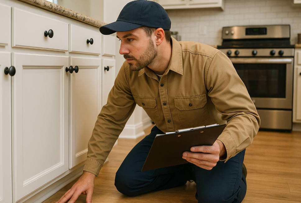 Pest control worker inspecting kitchen in Summerville for Residential Pest Control in Summerville